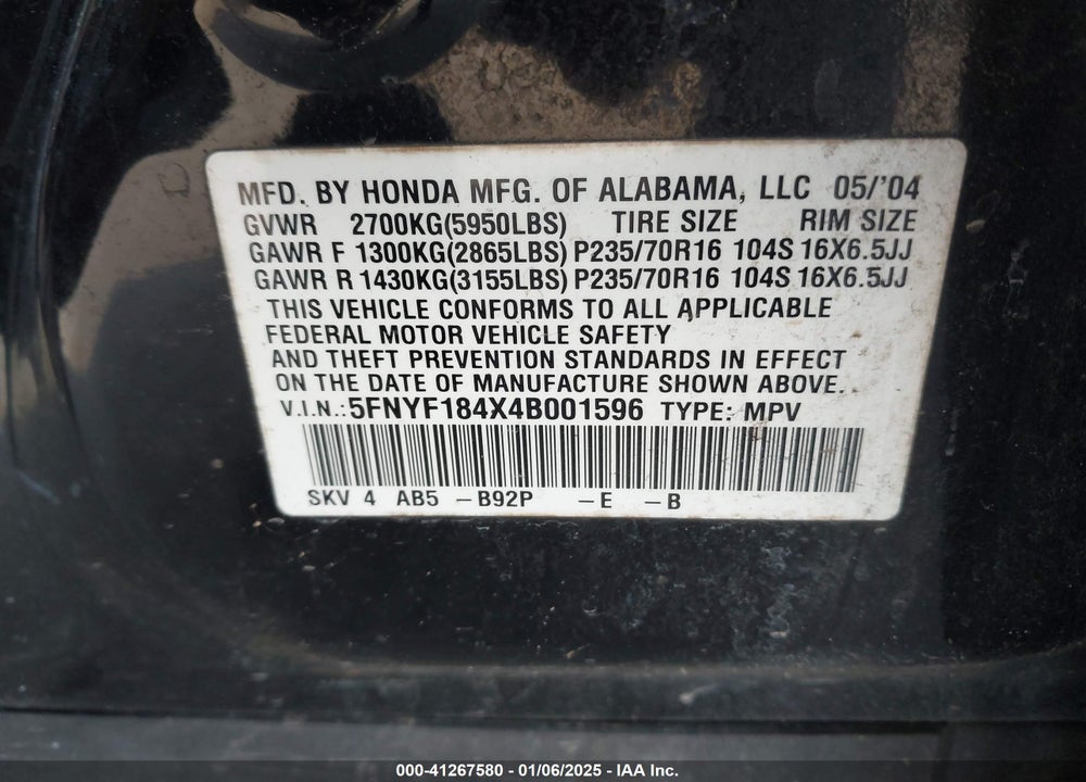 2004 HONDA PILOT EX VIN: 5FNYF184X4B001596