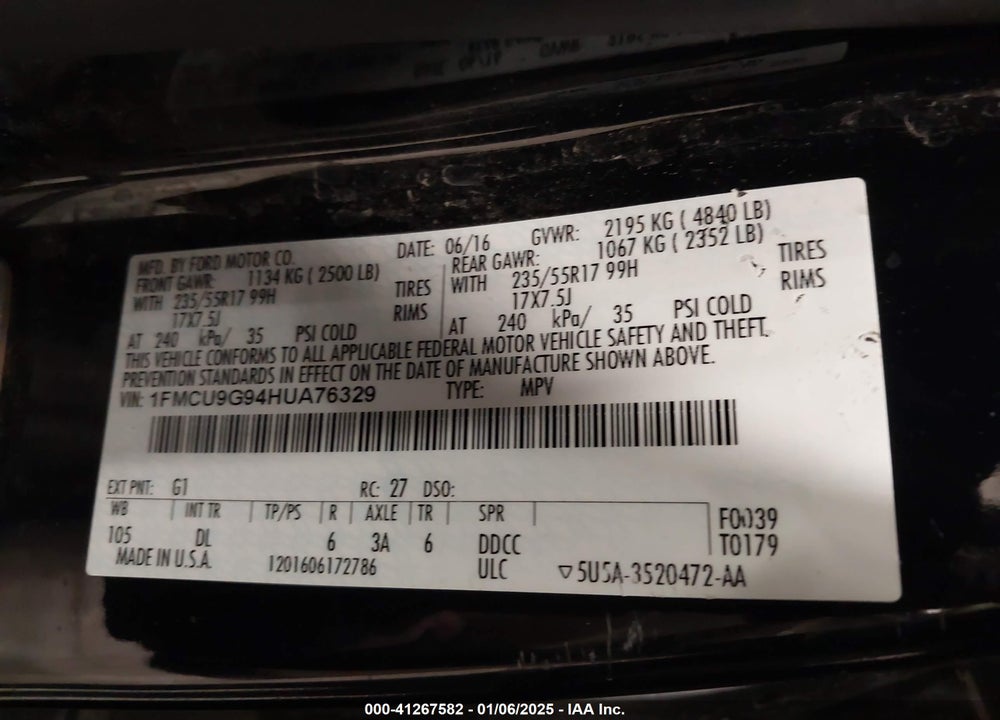 2017 FORD ESCAPE VIN: 1FMCU9G94HUA76329