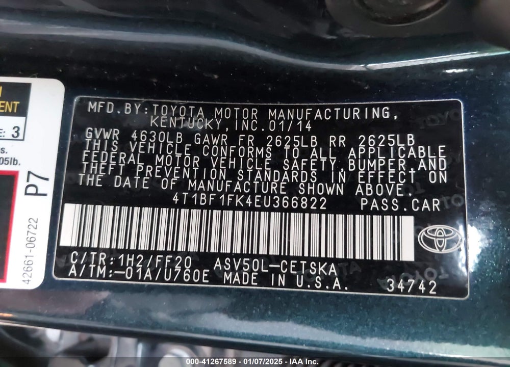 2014 TOYOTA CAMRY SE VIN: 4T1BF1FK4EU366822