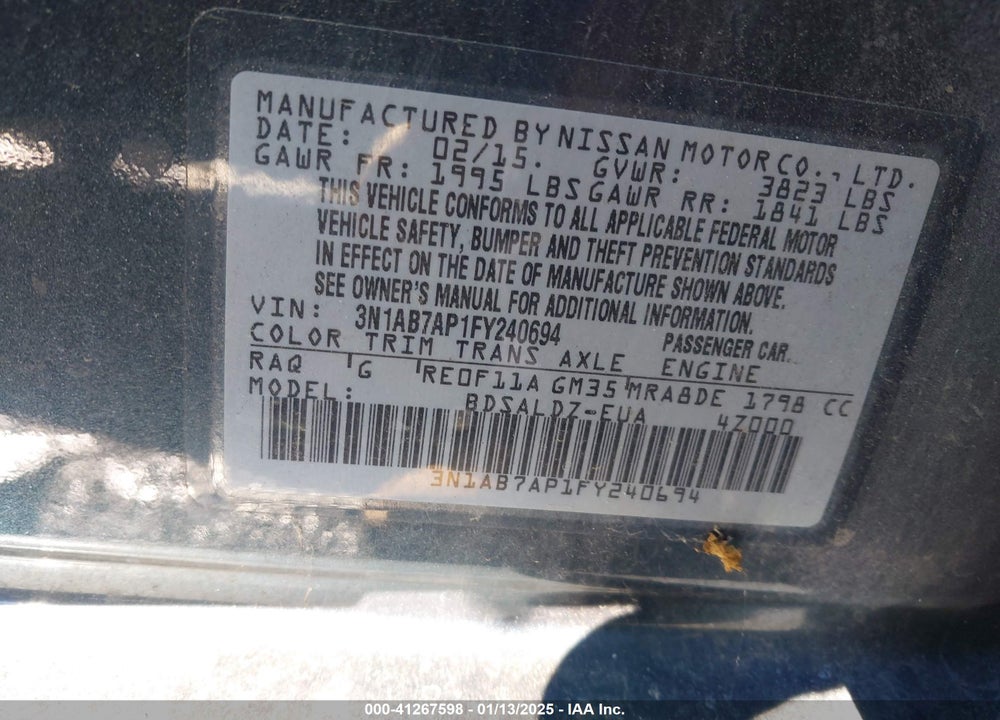 2015 NISSAN SENTRA SV VIN: 3N1AB7AP1FY240694