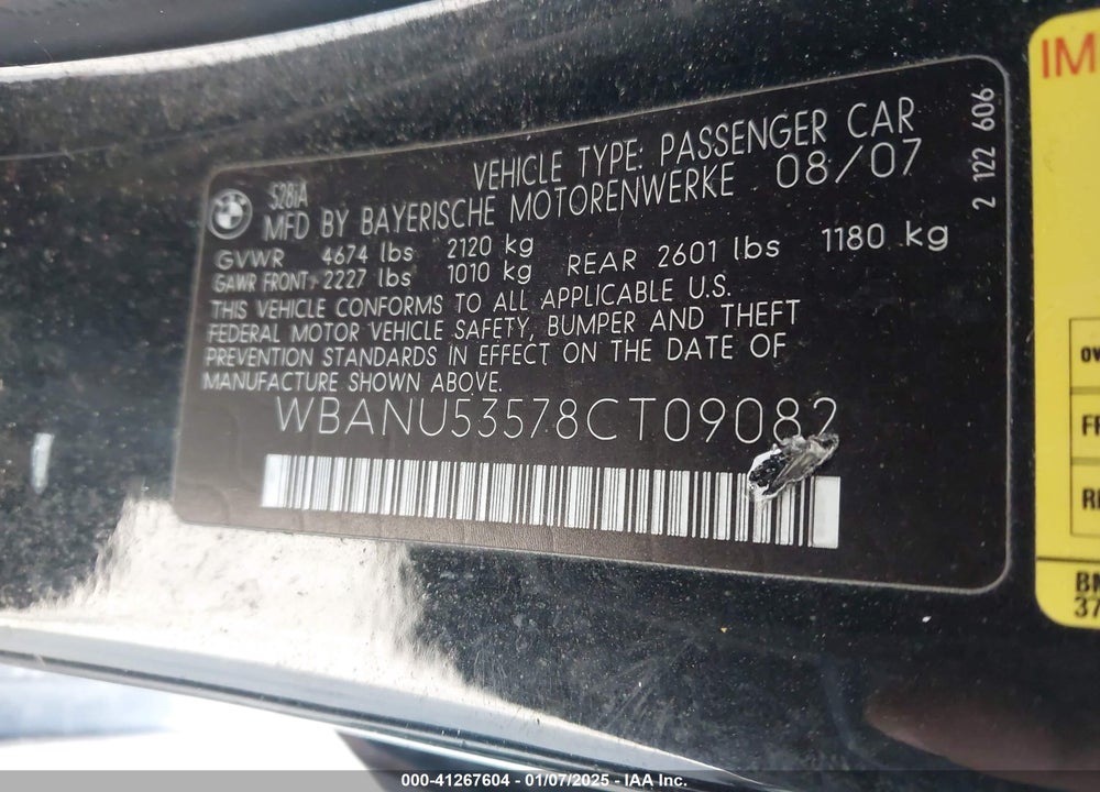 2008 BMW 528I VIN: WBANU53578CT09082