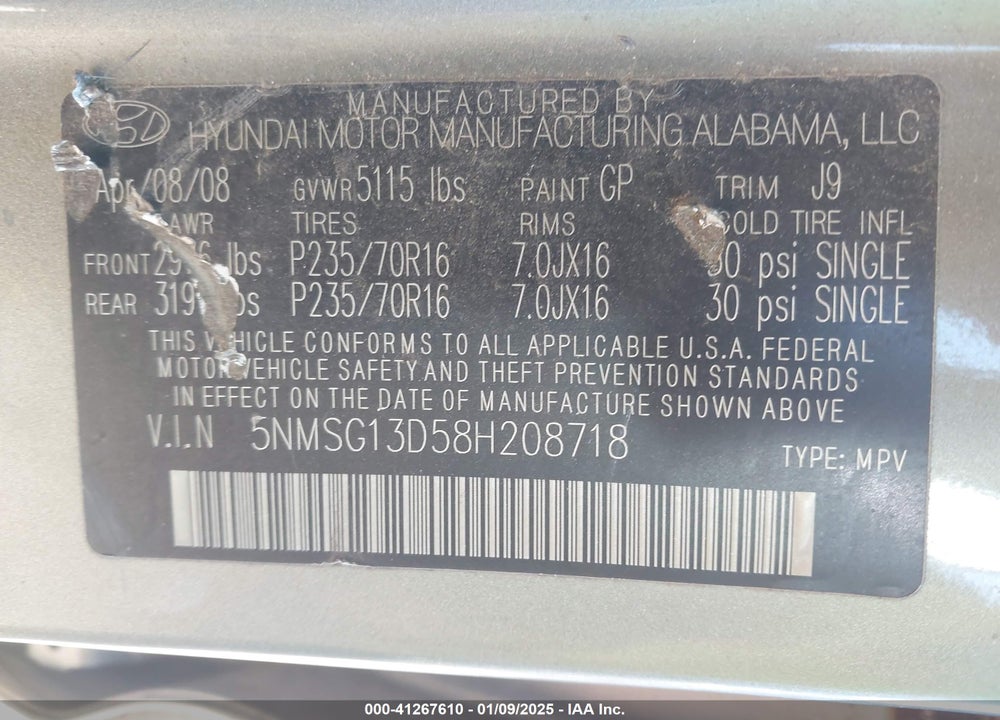 2008 HYUNDAI SANTA FE GLS VIN: 5NMSG13D58H208718