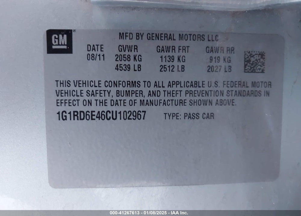 2012 CHEVROLET VOLT VIN: 1G1RD6E46CU102967