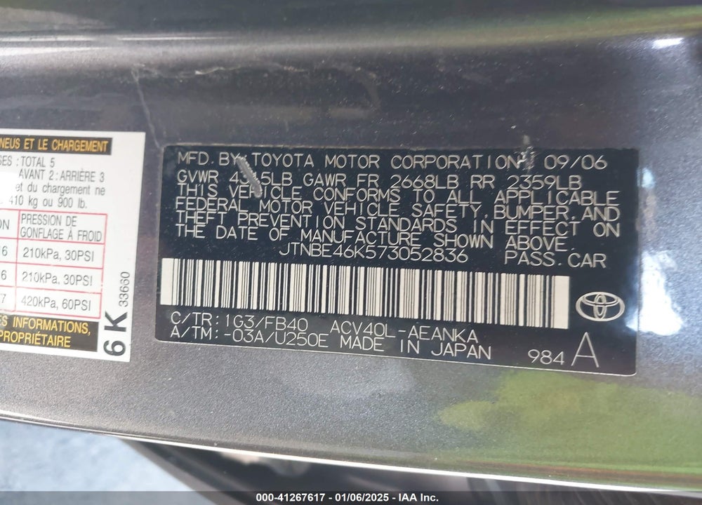 2007 TOYOTA CAMRY LE VIN: JTNBE46K573052836