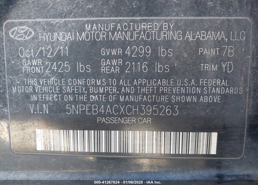 2012 HYUNDAI SONATA GLS VIN: 5NPEB4ACXCH395263