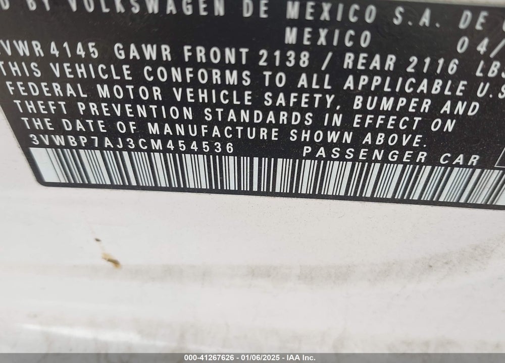 2012 VOLKSWAGEN JETTA 2.5L SE VIN: 3VWBP7AJ3CM454536