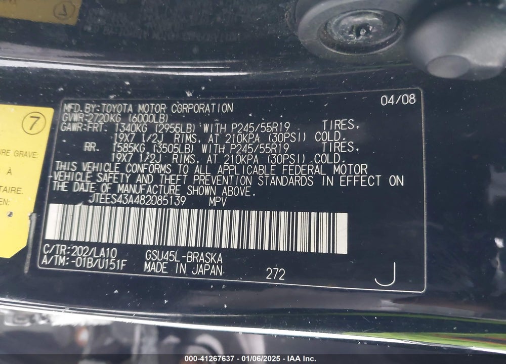 2008 TOYOTA HIGHLANDER SPORT VIN: JTEES43A482085139