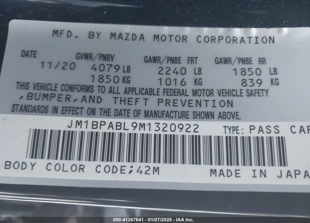 2021 MAZDA MAZDA3 VIN: JM1BPABL9M1320922