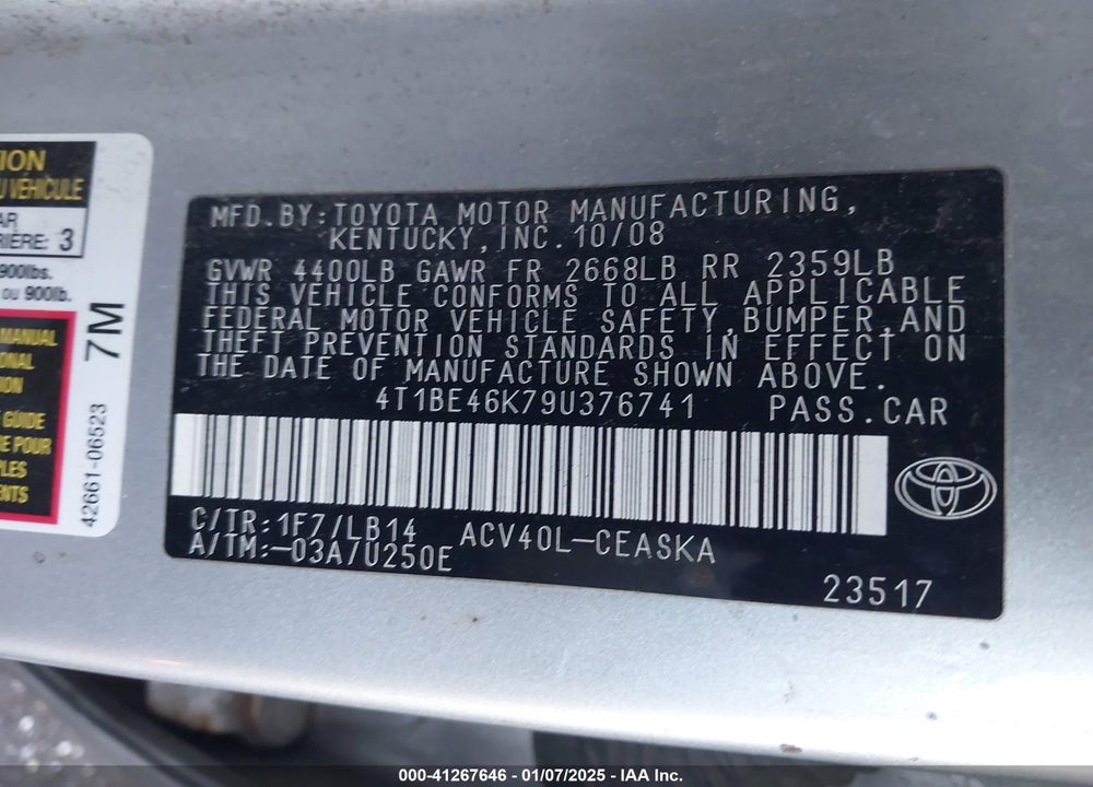 2009 TOYOTA CAMRY SE VIN: 4T1BE46K79U376741