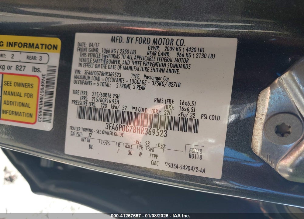 2017 FORD FUSION VIN: 3FA6P0G78HR369523