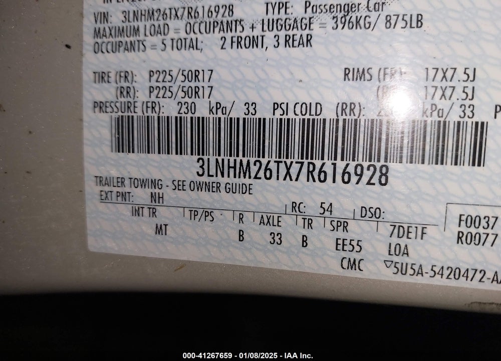 2007 LINCOLN MKZ VIN: 3LNHM26TX7R616928