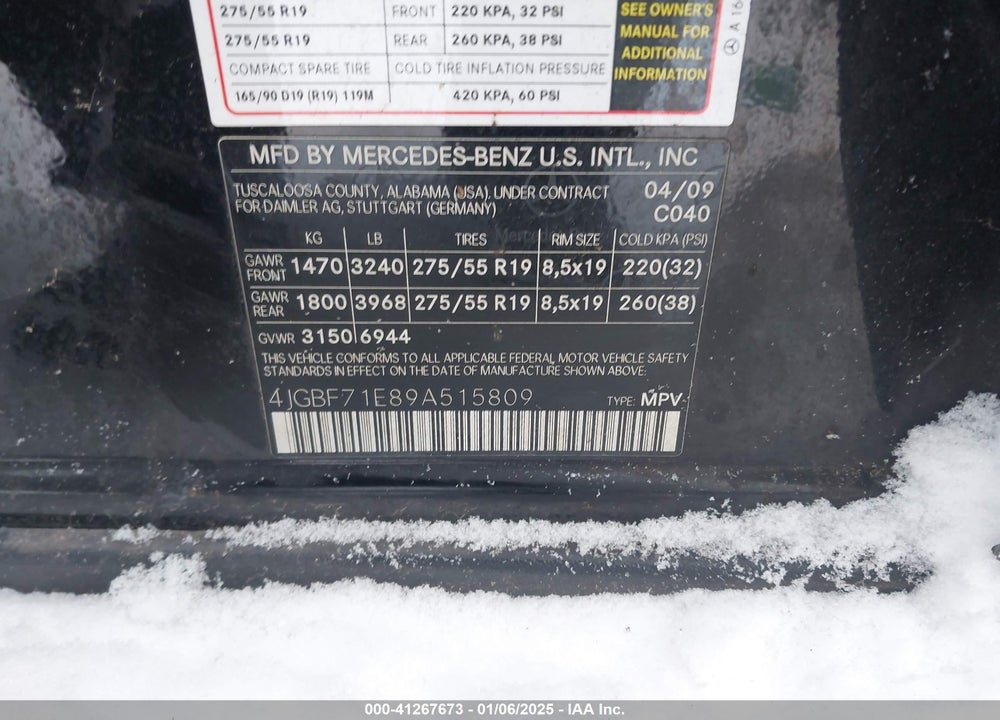 2009 MERCEDES-BENZ GL 450 VIN: 4JGBF71E89A515809