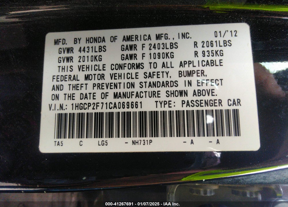 2012 HONDA ACCORD VIN: 1HGCP2F71CA069661