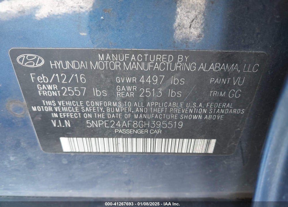 2016 HYUNDAI SONATA VIN: 5NPE24AF8GH395519