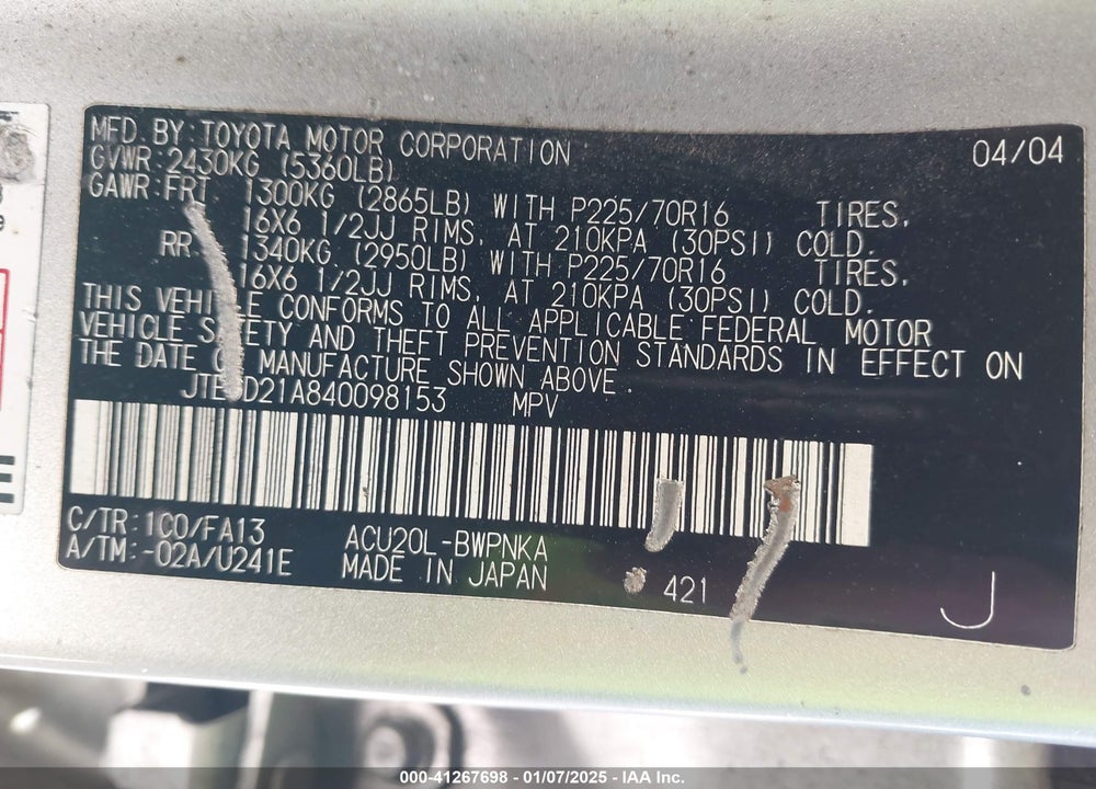 2004 TOYOTA HIGHLANDER VIN: JTEGD21A840098153