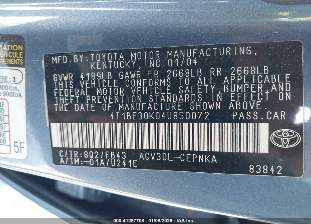 2004 TOYOTA CAMRY LE VIN: 4T1BE30K04U850072