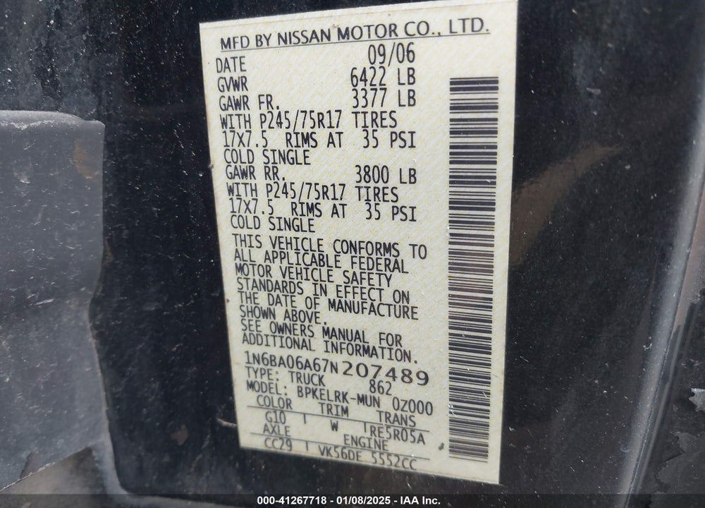 2007 NISSAN TITAN VIN: 1N6BA06A67N207489