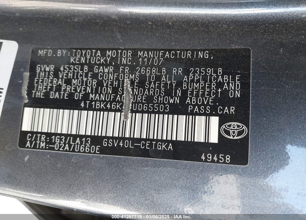 2008 TOYOTA CAMRY XLE V6 VIN: 4T1BK46K48U065503