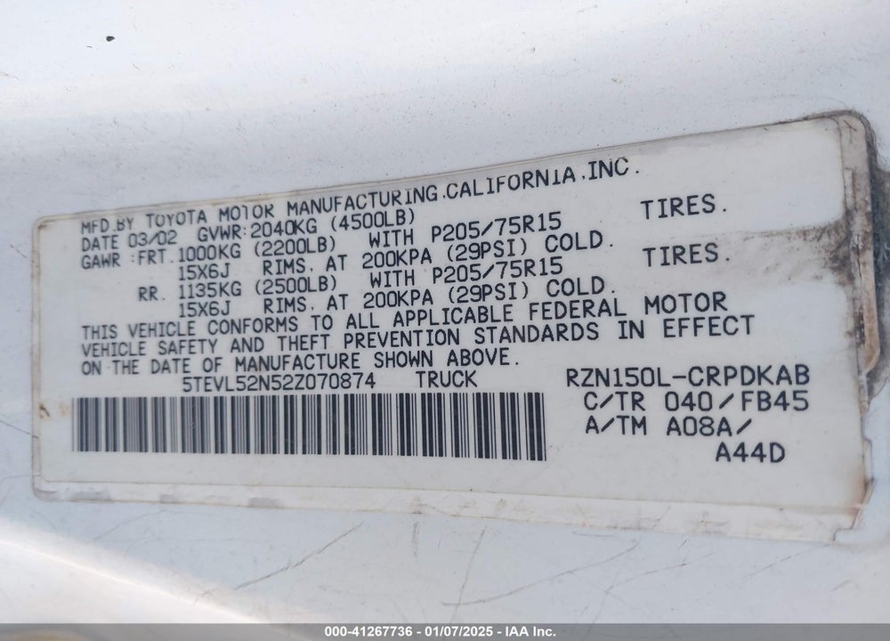 2002 TOYOTA TACOMA VIN: 5TEVL52N52Z070874