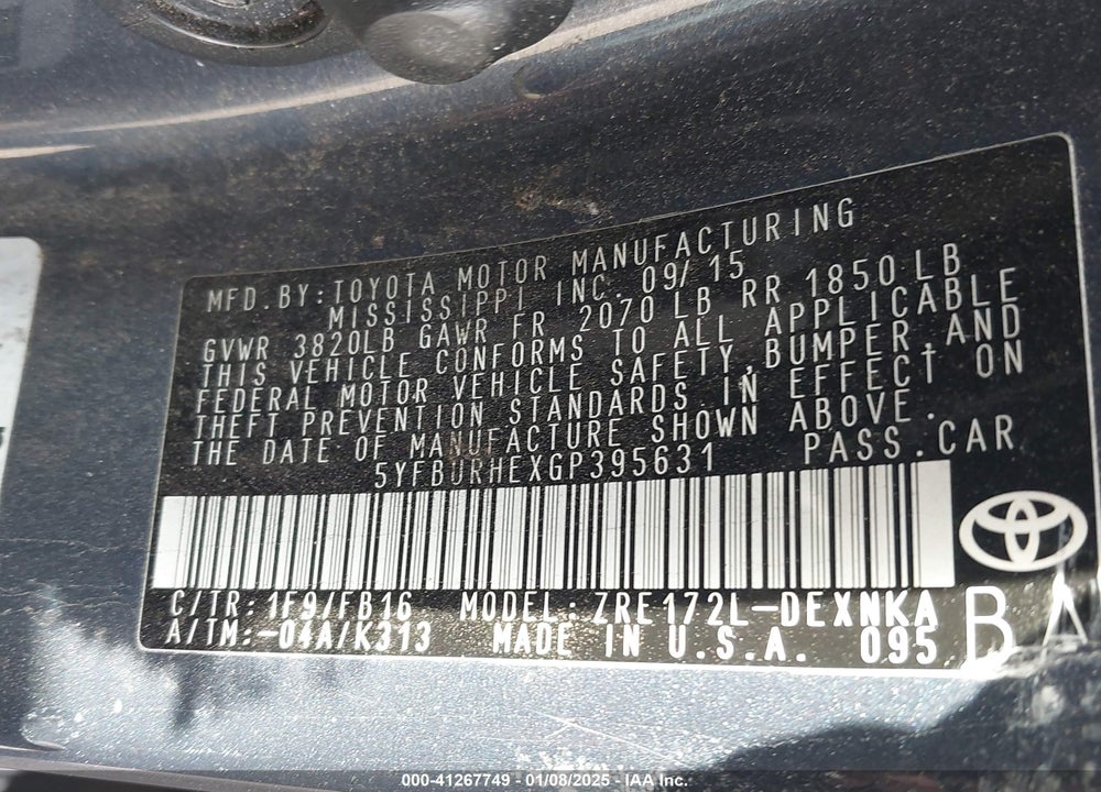 2016 TOYOTA COROLLA VIN: 5YFBURHEXGP395631