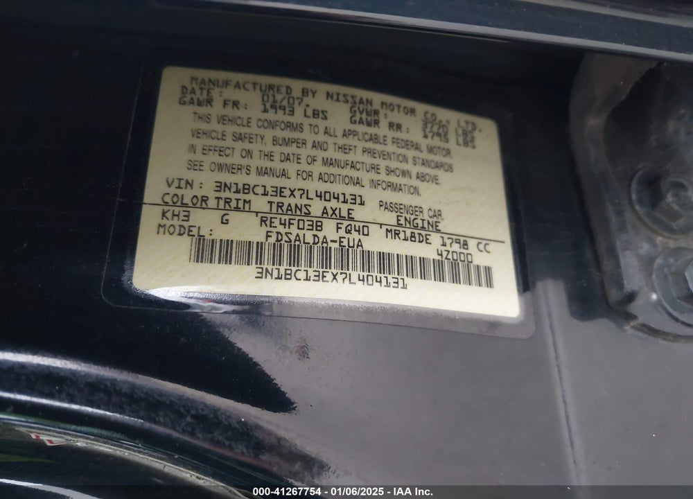 2007 NISSAN VERSA 1.8S VIN: 3N1BC13EX7L404131