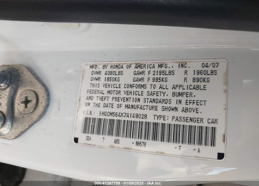 2007 HONDA ACCORD 2.4 LX VIN: 1HGCM564X7A149028