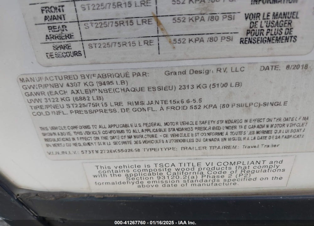 2019 GRAND DESIGN OTHER VIN: 573TM2726K5502658