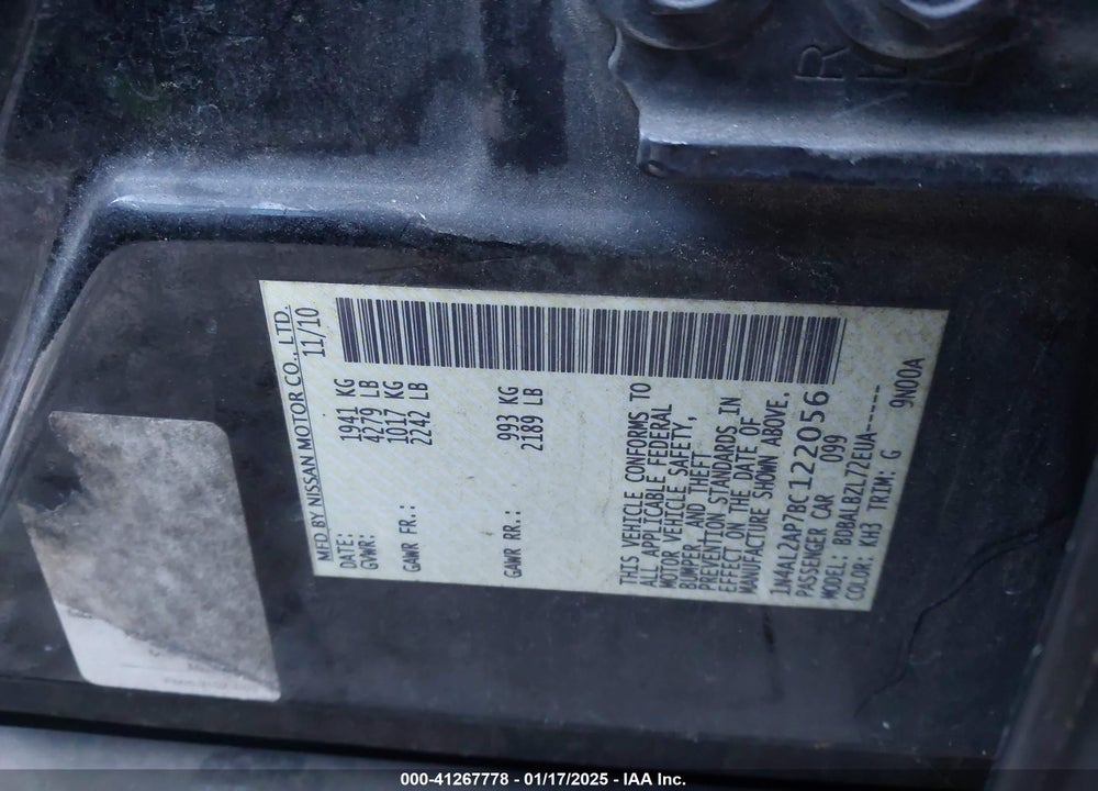 2011 NISSAN ALTIMA 2.5 S VIN: 1N4AL2AP7BC122056
