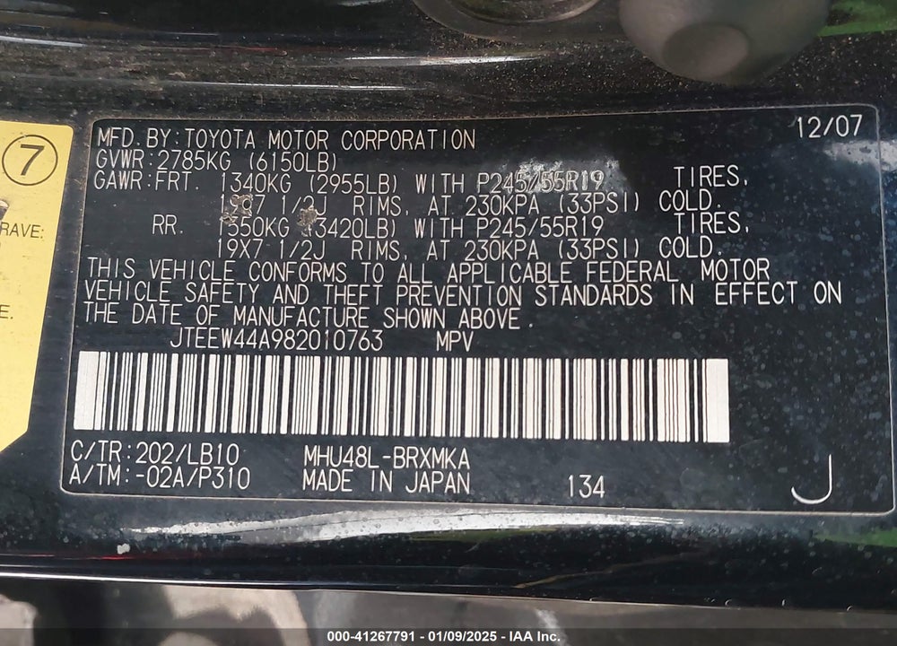 2008 TOYOTA HIGHLANDER HYBRID LIMITED VIN: JTEEW44A982010763