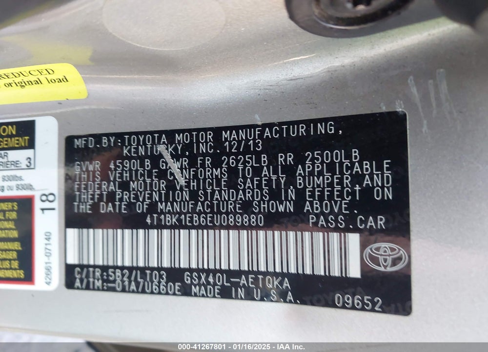2014 TOYO AVALON XLE PREMIUM VIN: 4T1BK1EB6EU089880