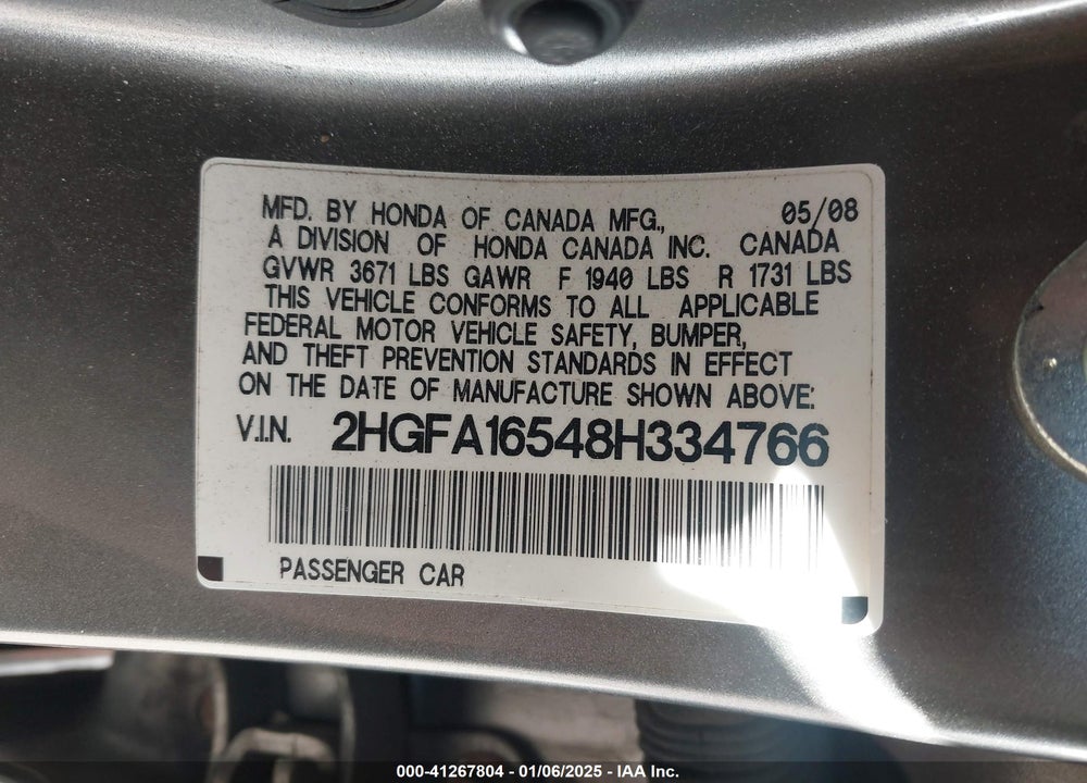 2008 HONDA CIVIC VIN: 2HGFA16548H334766