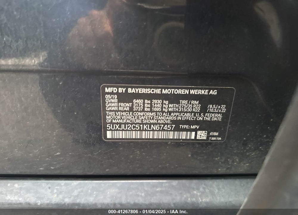 2019 BMW X5 XDRIVE50I VIN: 5UXJU2C51KLN67457