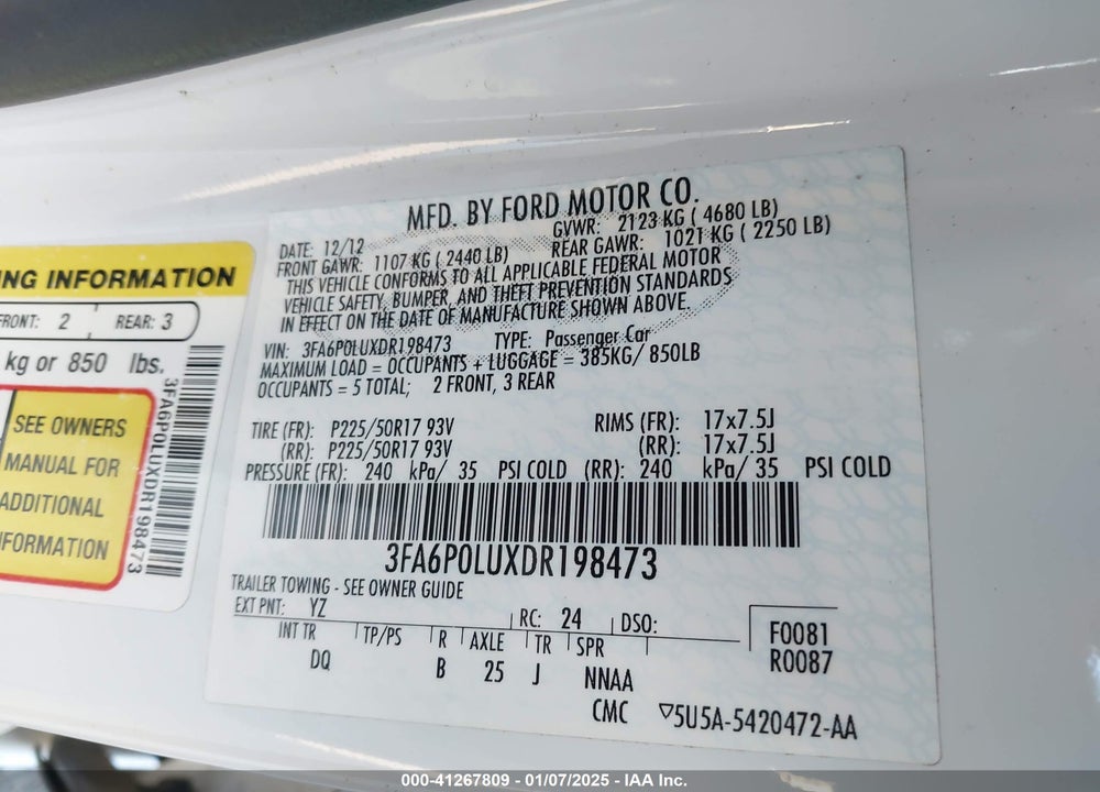 2013 FORD FUSION HYBRID SE VIN: 3FA6P0LUXDR198473