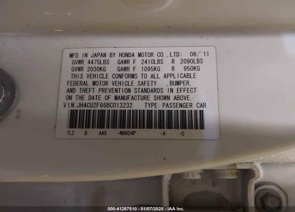 2011 ACURA TSX 2.4 VIN: JH4CU2F66BC013232