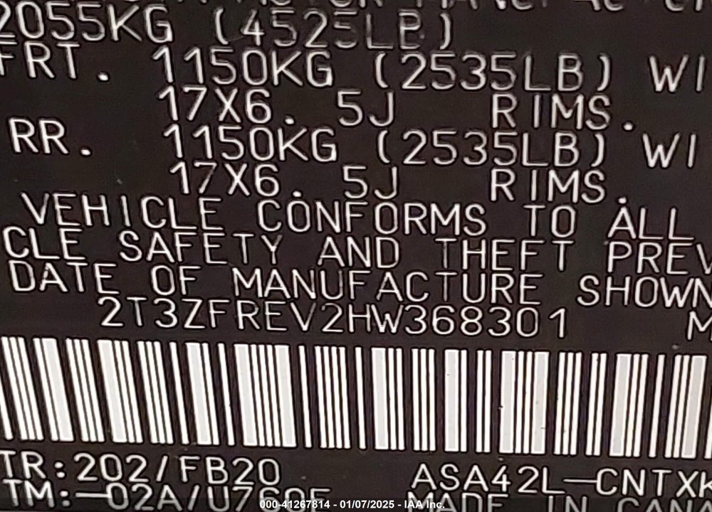 2017 TOYOTA RAV4 LE VIN: 2T3ZFREV2HW368301