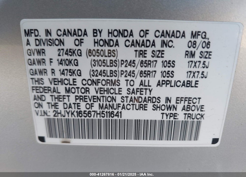 2007 HONDA RIDGELINE RTL VIN: 2HJYK16567H511641