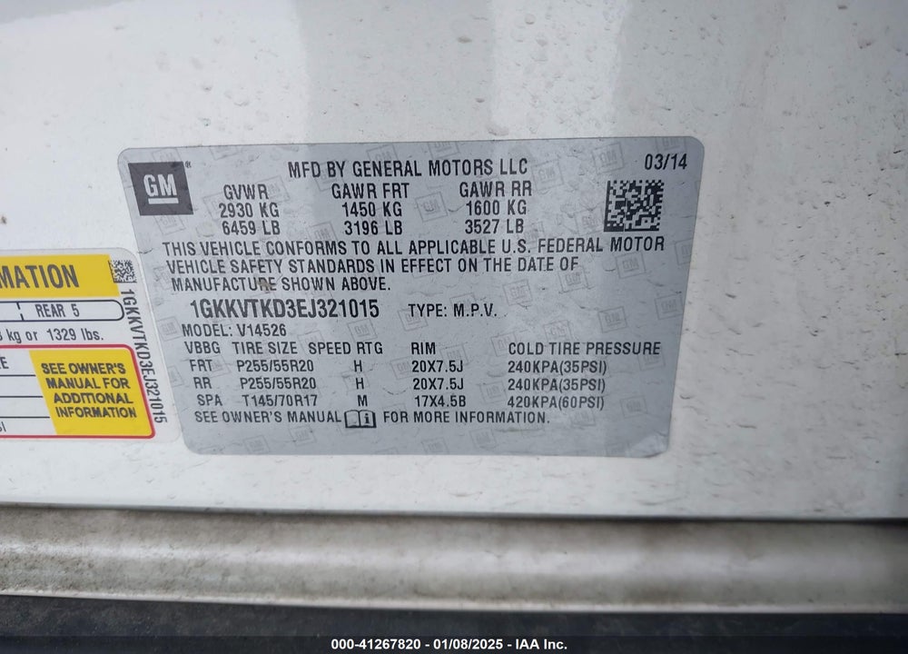 2014 GMC ACADIA DENALI VIN: 1GKKVTKD3EJ321015