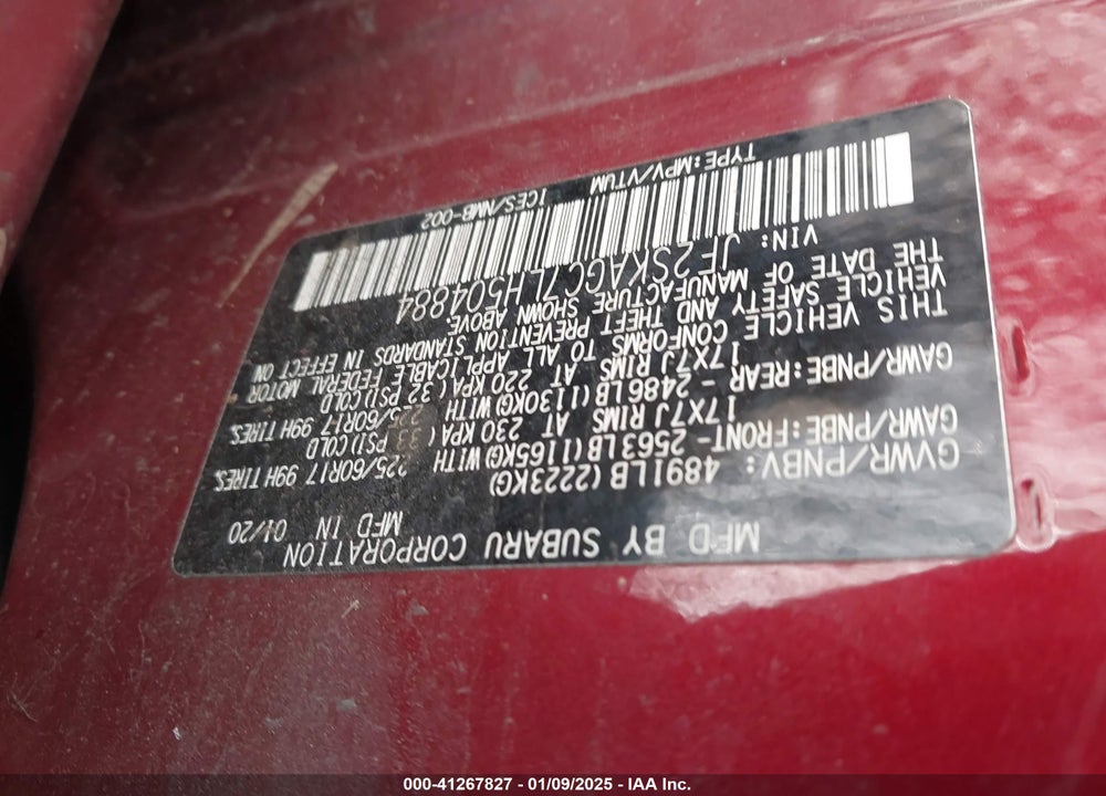 2020 SUBARU FORESTER PREMIUM VIN: JF2SKAGC7LH504884