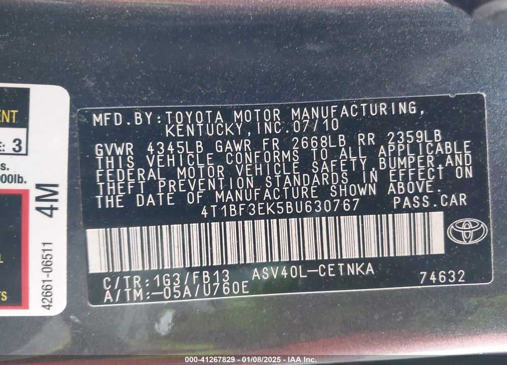 2011 TOYOTA CAMRY VIN: 4T1BF3EK5BU630767