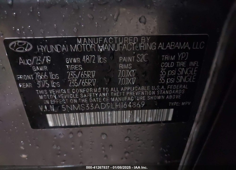 2020 HYUNDAI SANTA FE SEL VIN: 5NMS33AD9LH164869