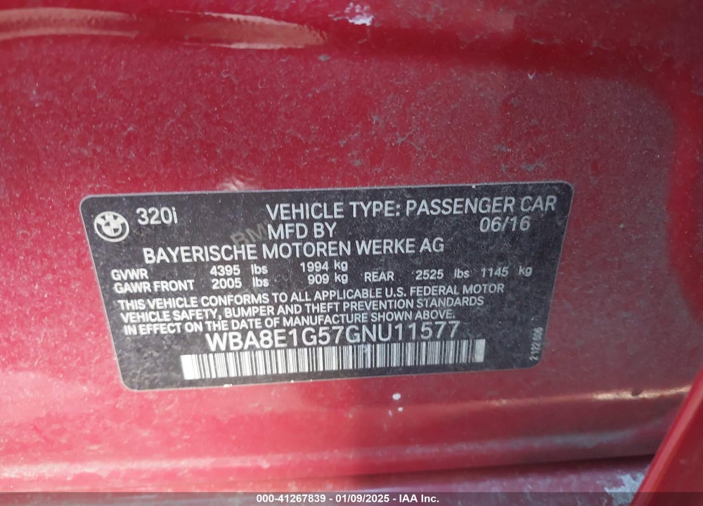 2016 BMW 320I VIN: WBA8E1G57GNU11577