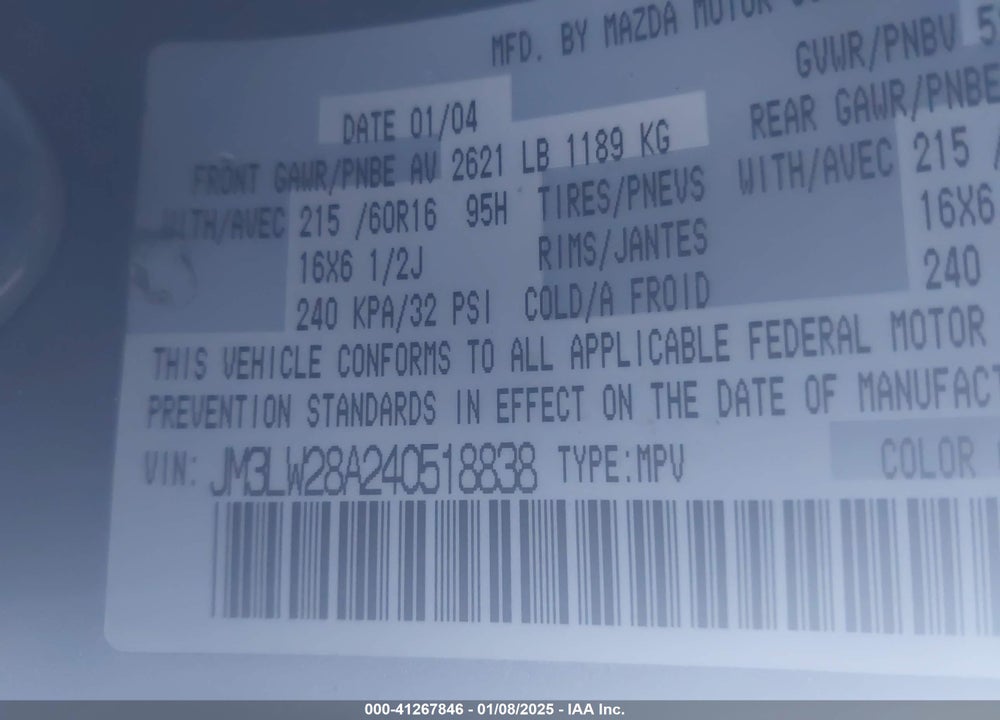 2004 MAZDA MPV LX VIN: JM3LW28A240518838