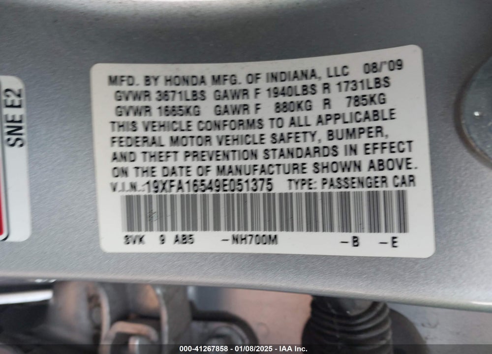 2009 HONDA CIVIC VIN: 19XFA16549E051375