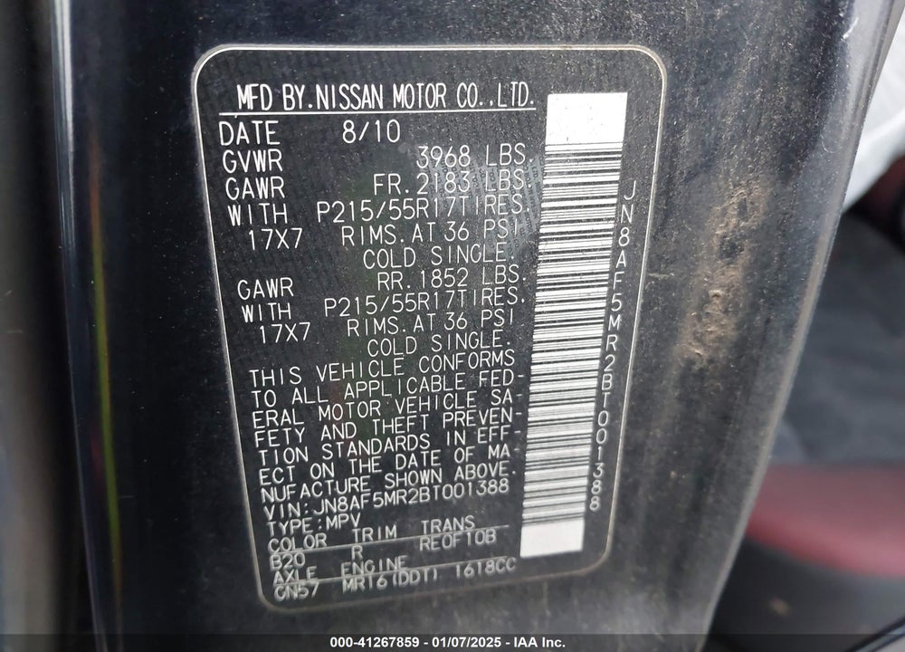 2011 NISSAN JUKE SV VIN: JN8AF5MR2BT001388
