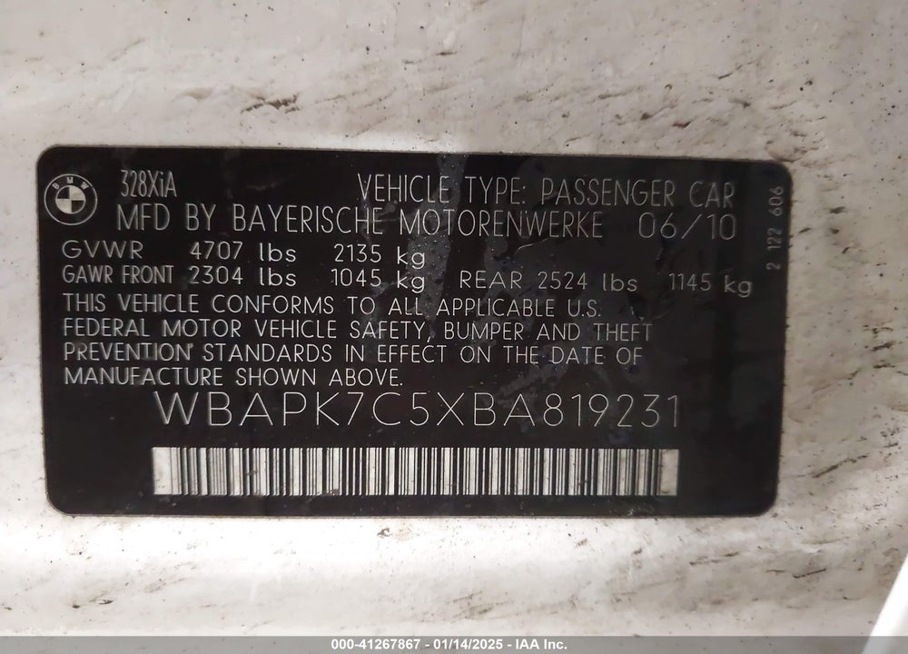2011 BMW 328I XDRIVE VIN: WBAPK7C5XBA819231