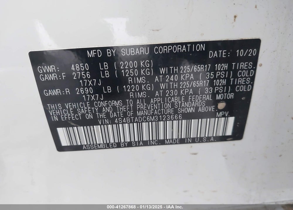 2021 SUBARU OUTBACK PREMIUM VIN: 4S4BTADC6M3123666