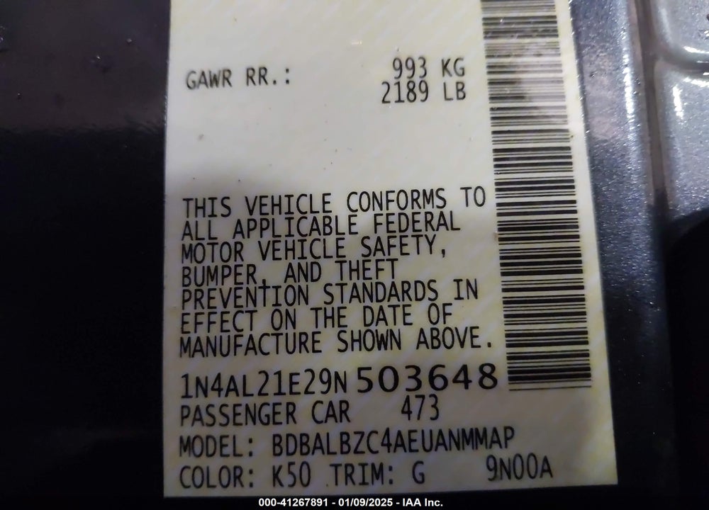 2009 NISSAN ALTIMA 2.5 S VIN: 1N4AL21E29N503648