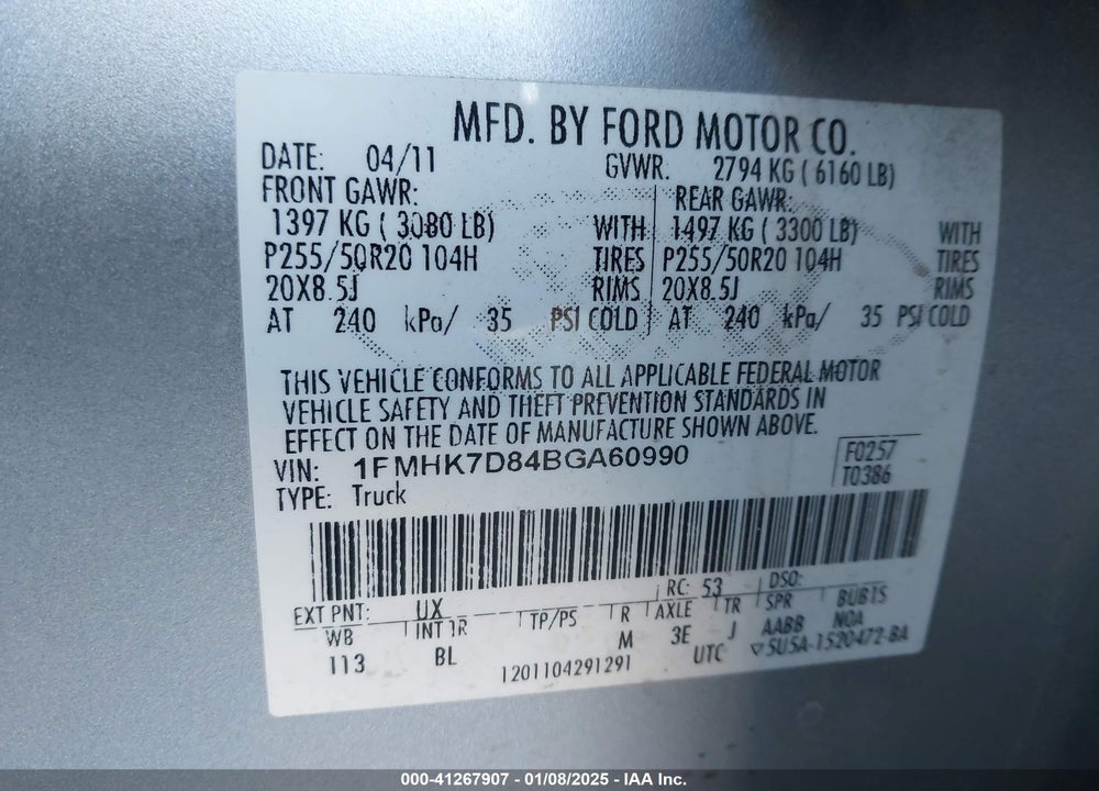2011 FORD EXPLORER XLT VIN: 1FMHK7D84BGA60990