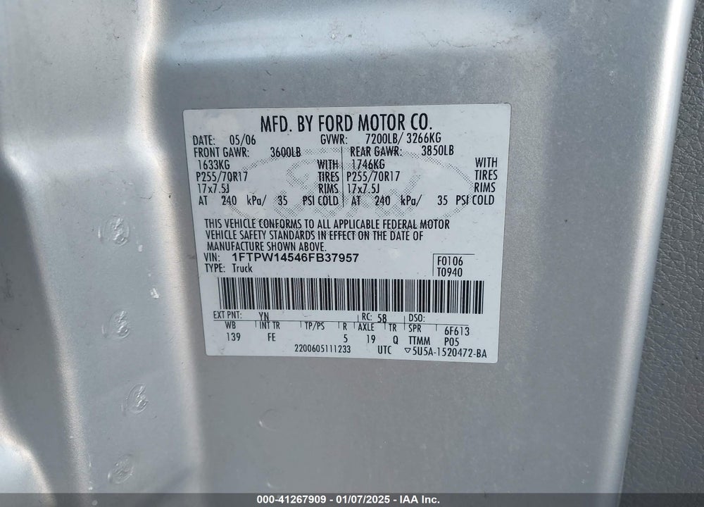 2006 FORD F-150 FX4/LARIAT/XLT VIN: 1FTPW14546FB37957