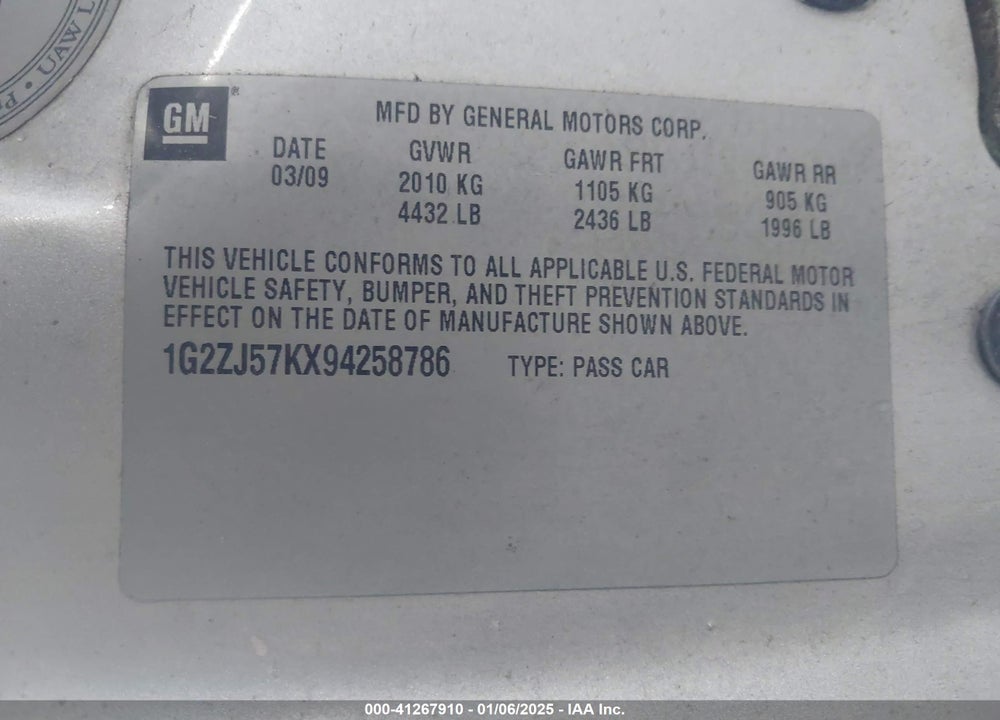 2009 PONTIAC G6 NEW VIN: 1G2ZJ57KX94258786